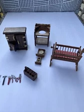 5pc Vtg Dollhouse Miniature Furniture Wooden Ice Box Toolbox Baby Rocker