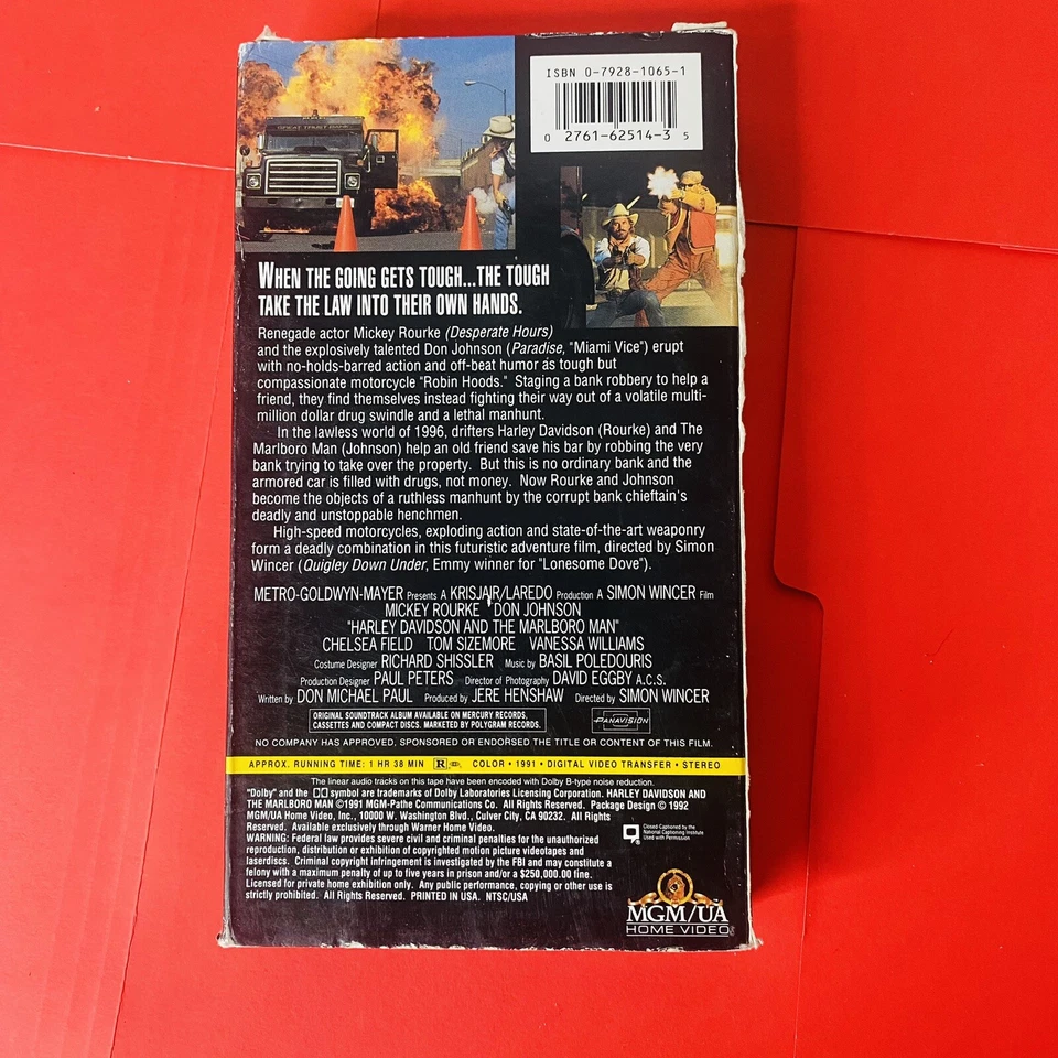 Harley Davidson and the Marlboro Man VHS 1992 Mickey Rourke Don Johnson Vtg Tape Foto 2 de 2