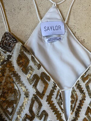 Saylor Gold & White Geometric Sequin and Beaded Mini Dress XS Prom homecoming | eBay Saylor Gold & White Geometric Sequin and Beaded Mini Dress XS Prom homecoming | eBay