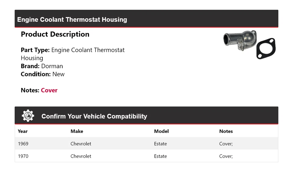 Carcasa termostato refrigerante motor Chevrolet Estate Dorman 1969-1970 Foto 2 de 4