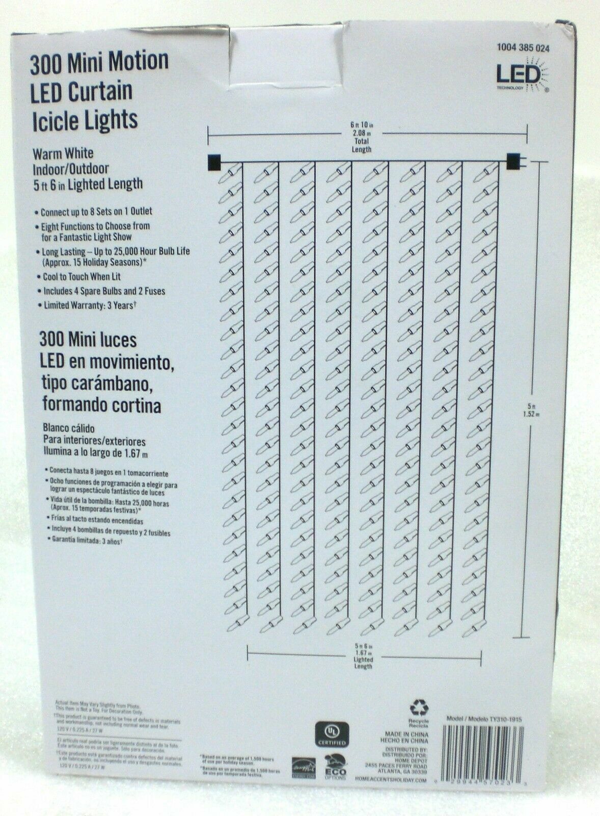 Home Accents Holiday 300 Mini LED Curtain Icicle Lights Motion Warm