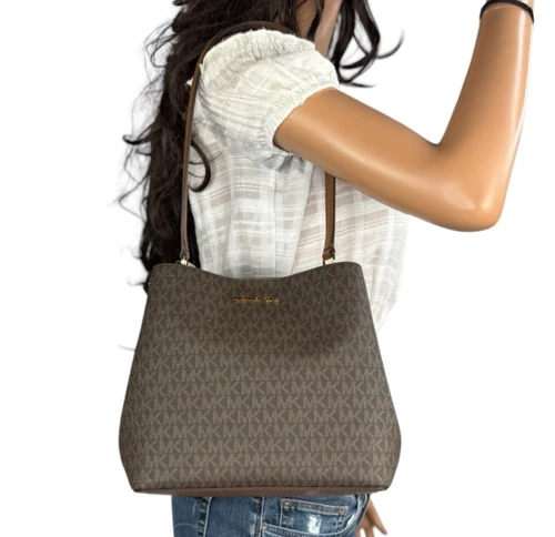 Michael Kors Pratt Medium Bucket Shoulder Tote Bag MK Brown