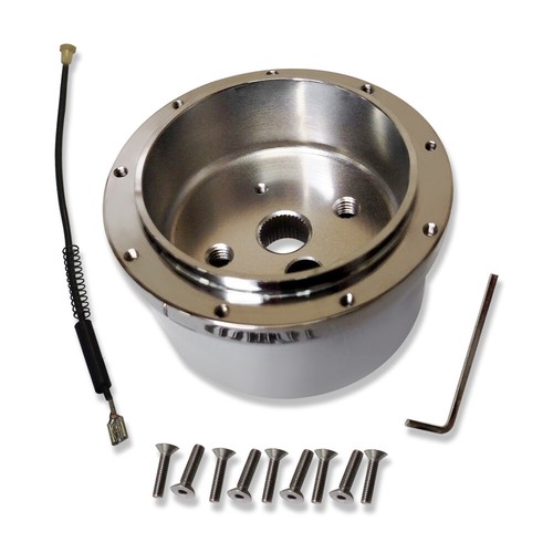 Volante estilo ala de aluminio cromado de 14" con adaptador y botón de bocina de llama - Imagen 9 de 10
