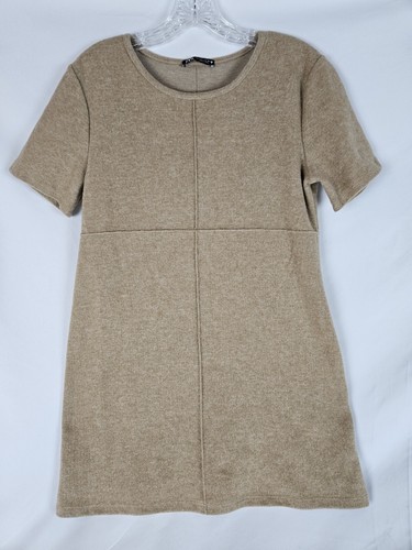 ZARA Soft Mini Dress Light Camel Size Large Short Sleeve Seam Details