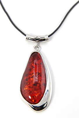 Large Faux Amber Pendant on PVU Leather Cord Necklace Silver Tone Metal