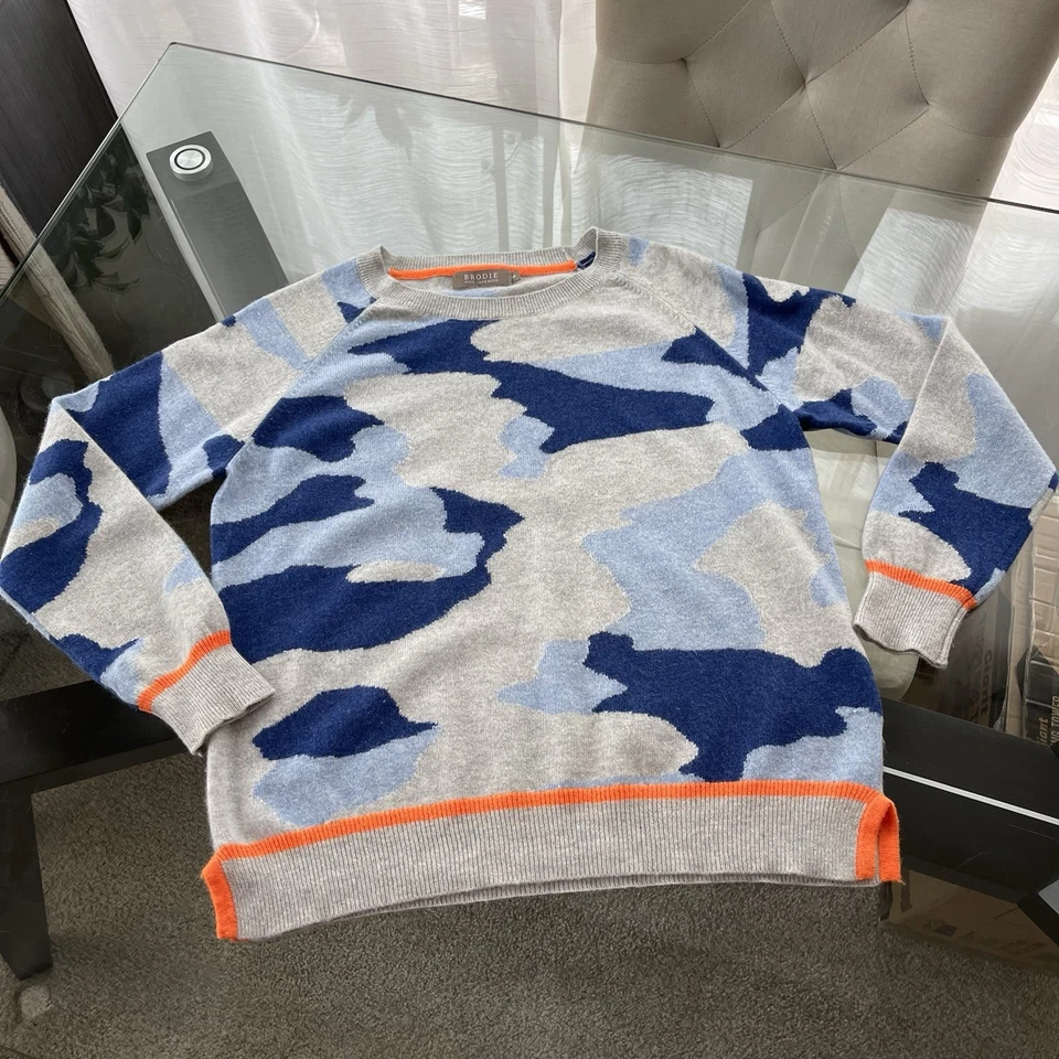 Suéter Pullover Brodie Mujer S 100% Cachemira Estampado Neón Camuflaje Azul Gris Lujo Foto 3 de 4