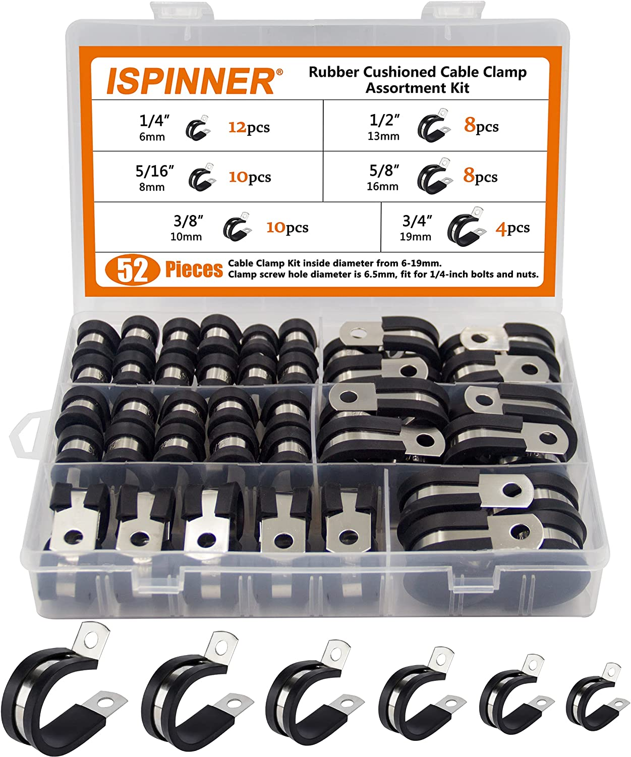 52Pcs Cable Clamps Assortment Kit, in 6 Sizes 1/4