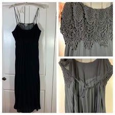 Flora Black Crochet Lace Pleated Long Dress Womens Medium Adjustable Straps LBD