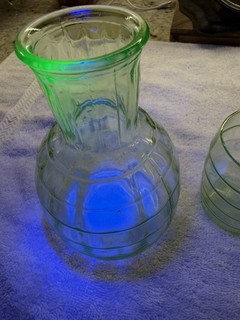 Vintage Anchor Hocking Block Optic Tumble Up Bedside Carafe & Cup /Uranium Glass