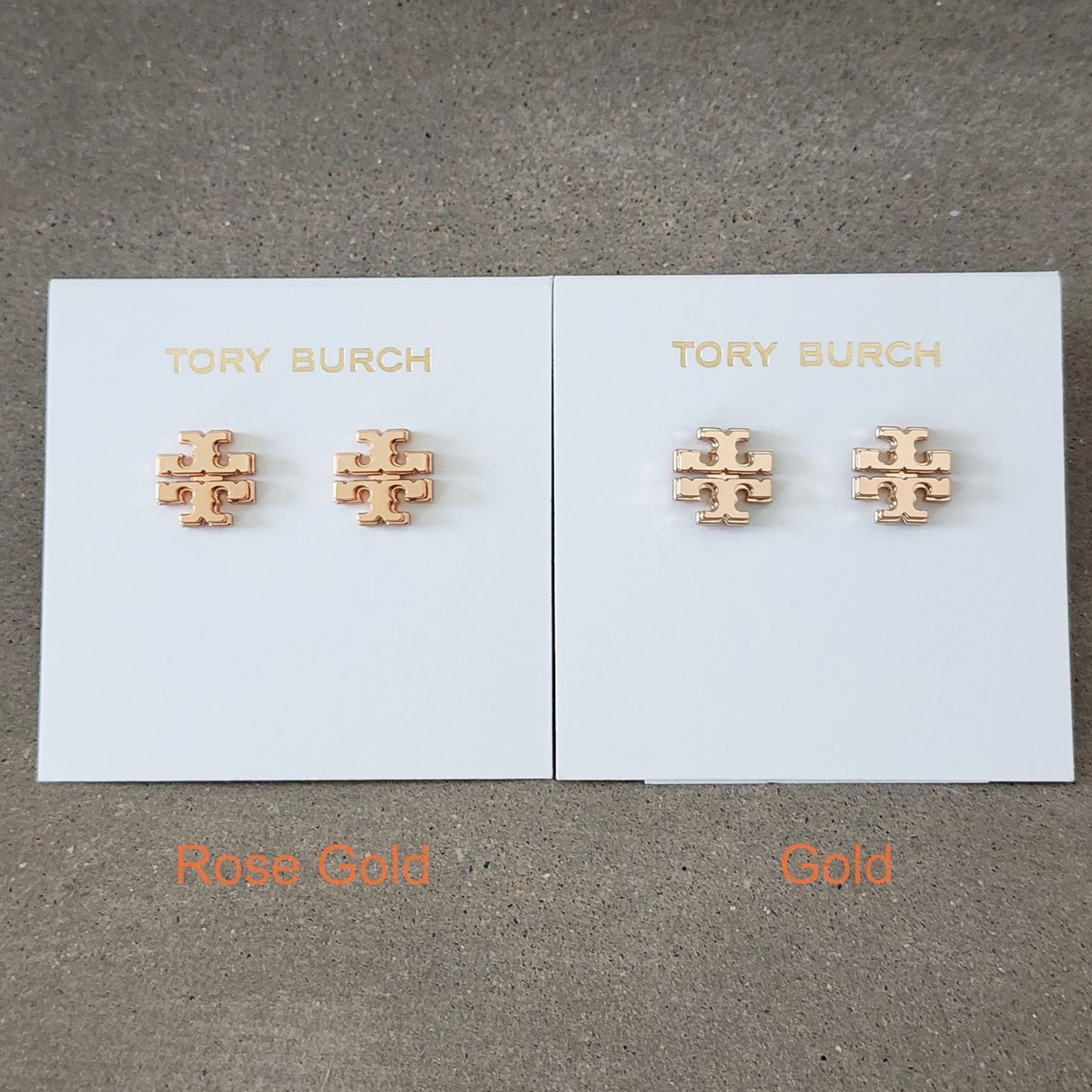 Authentic Tory Burch 18K Gold Plated Small Logo Stud Earrings Rose 