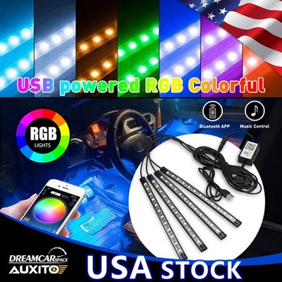 4X AUXITO RGB 48LED Strip Light Atmosphere BT Car USB Interior Phone APP Cont