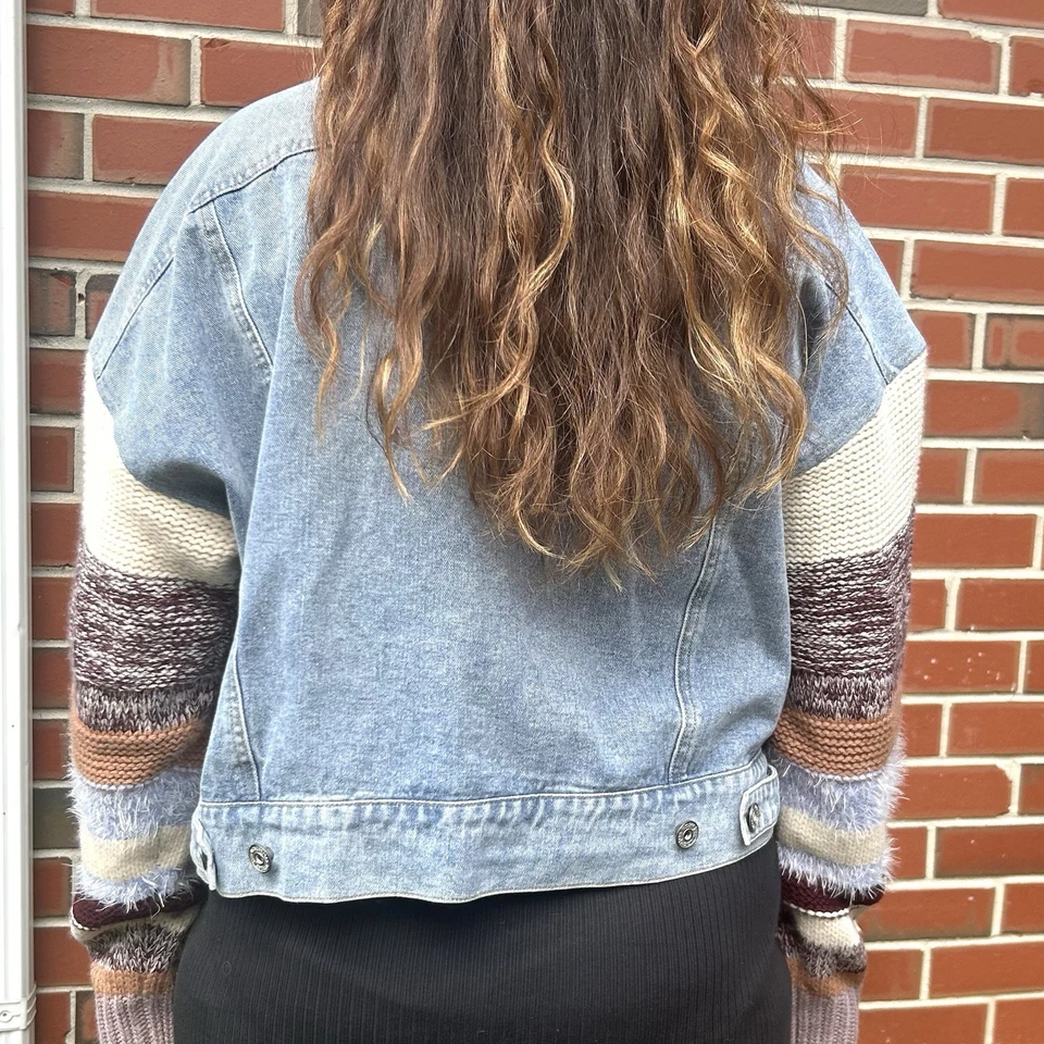 Chaqueta de Jean Umgee Denim Para Mujer L Grande Tejido a Rayas Suéter Mangas Boho Moda Foto 3 de 4