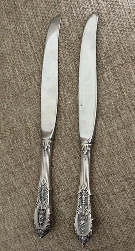 2 Lg Wallace Rose Point Sterling Silver Dinner Knives 9 3/4" w Stainless Blades