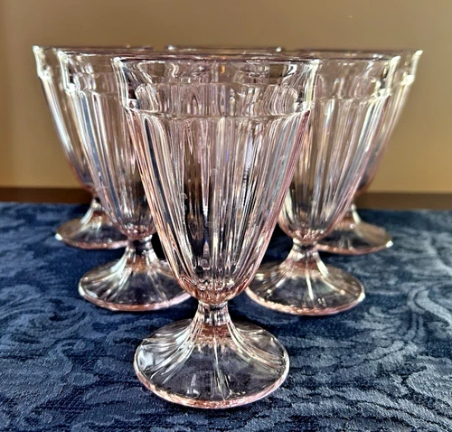 Vintage Jeannette Sierra Depression Pink Footed Ribbed & Paneled 6 Water Goblets