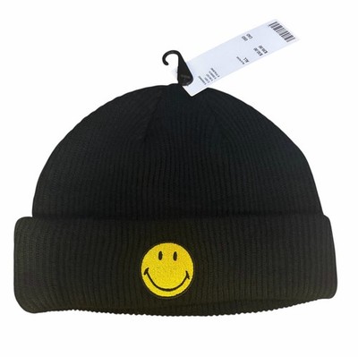 SMILEY ORIGINALS BLACK RIBBED BEANIE EMBROIDERED SMILEY FACE HAT NWT