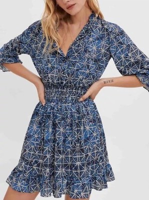 Maje MFPRO02415 Printed Viscose Dress With Smocking in Indigo EU 36 US 6 Rt $385