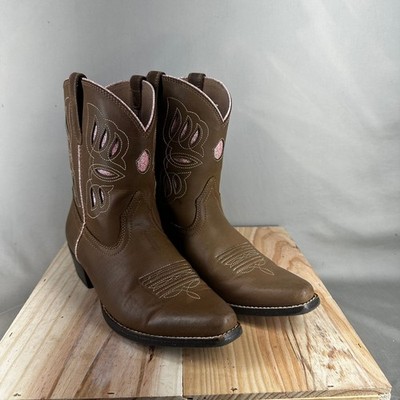 Ariat EUC Children Girls Glitzy Glam Brown & Pink Inlay Western Cowboy Boots Siz