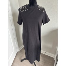 Zara Trafaluc black jersey short sleeve dress with pearls NWT Size Large