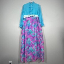 VTG 1960s Floral Chiffon Maxi Dress Womens Medium Blue Pink Buttons Ruffles