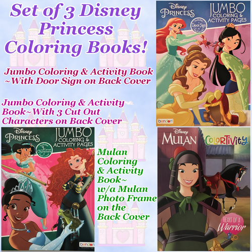 3 Disney Princess Jumbo Coloring & Activity Books Tiana Ariel Mulan