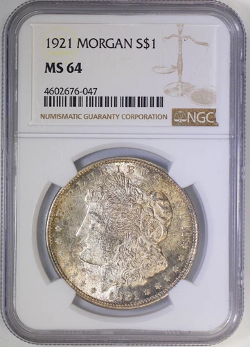 1921 Morgan Silver Dollar $1 NGC MS64 Neat Speckled Blue Green Toning