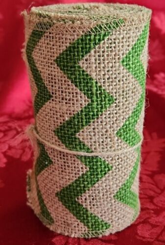 BURLAP Ribbon Roll Bright Green Zig Zag Chevron Pattern 100% JUTE 5in x 10ft NEW - Picture 3 of 7