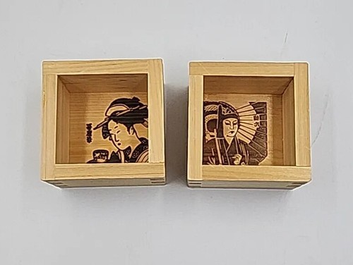 Lot Of 2 Japanese Wooden Sake Cup Masu Geisha and Masu Warrior - Picture 2 of 4