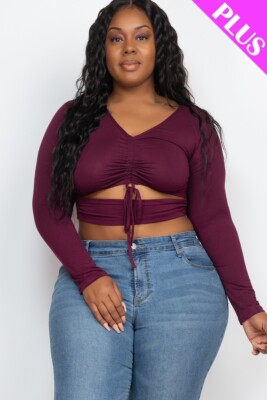 Plus Size Drawstring Ruched Cutout Crop Top Burgundy