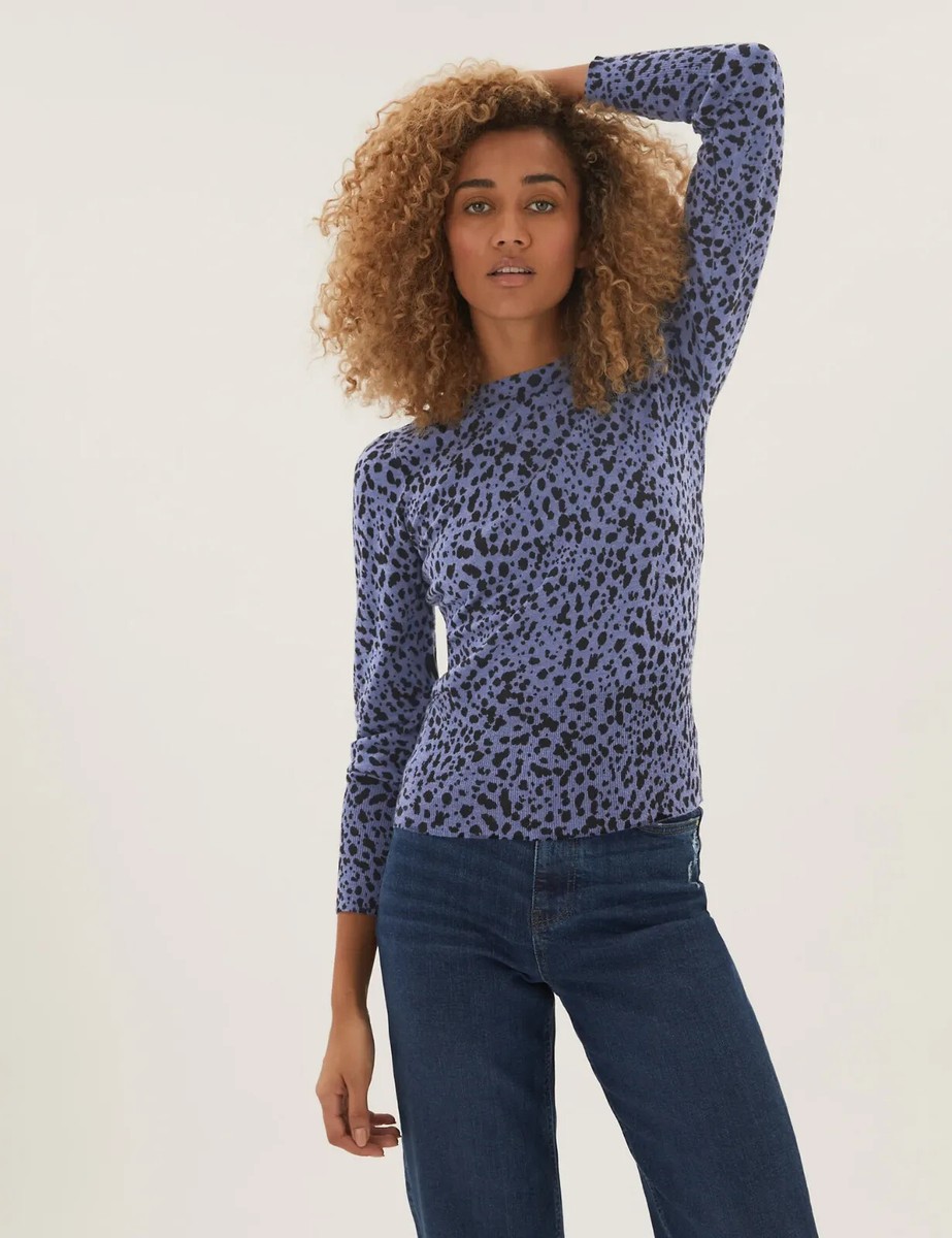 Ex Mu0026S Animal Print Blouson Sleeve Jumper Top Navy Black White Size 6 - 24  | eBay