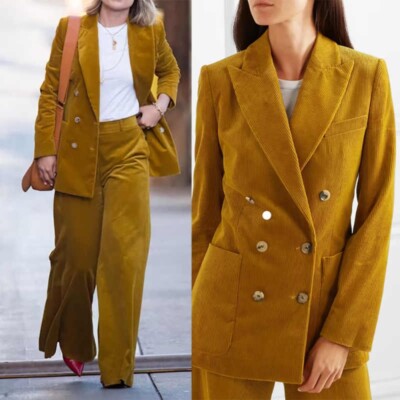 Autumn Corduroy Female Suits Slim Fit Double Breasted Peak Lapel Jacket Pants