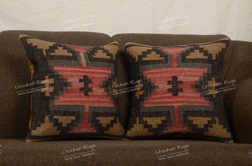 Indian Handwoven Wool Jute Kilim Pillow 2 Set of 18"x18" Colorful Sofa Décor Set - Picture 11 of 25