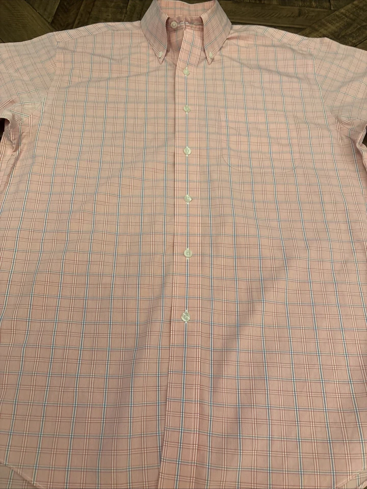 Brooks Brothers Cotton Wrinkle Free Short Sleeve Button Down Pink and Blue 126 - Image 2 of 4
