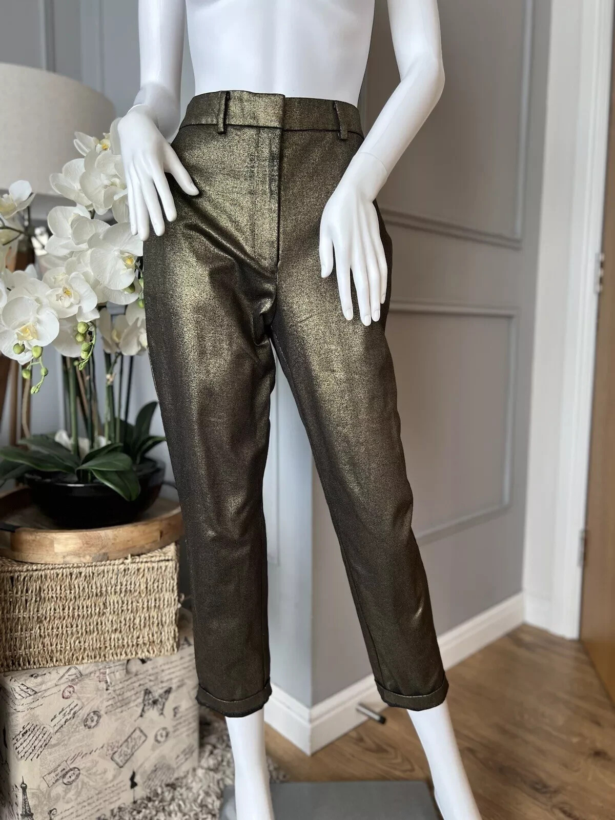 AllSaints Trousers  Micah Metallic Shimmer Gold Slim Fit UK 10 EUR 38 RRP £159 image 4