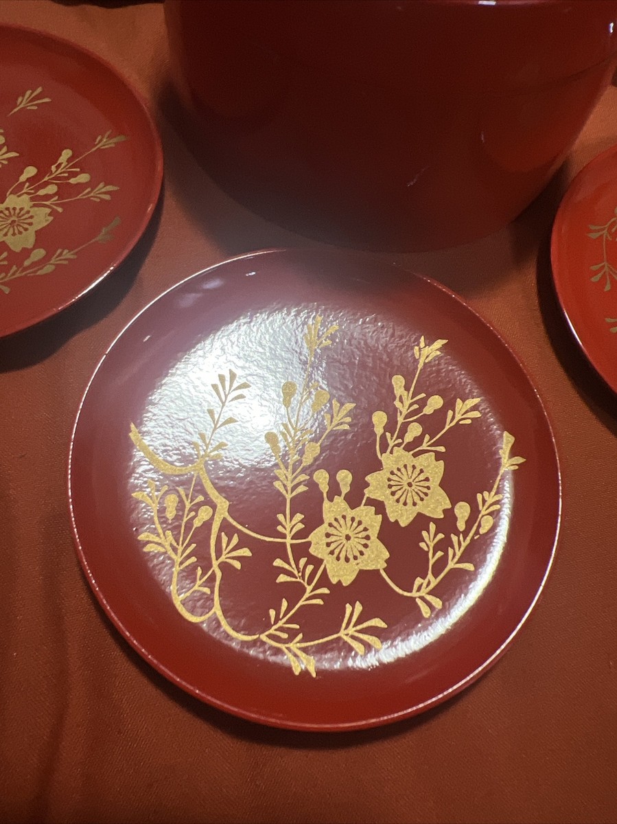 コレクションの壺、西洋風 Vintage Japanese Lacquerware Coaster Set Cinnabar Color With