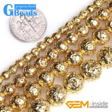 Gold Color Coating Volcanic Lava Rock Stone Round Beads For Jewelry Making 15"