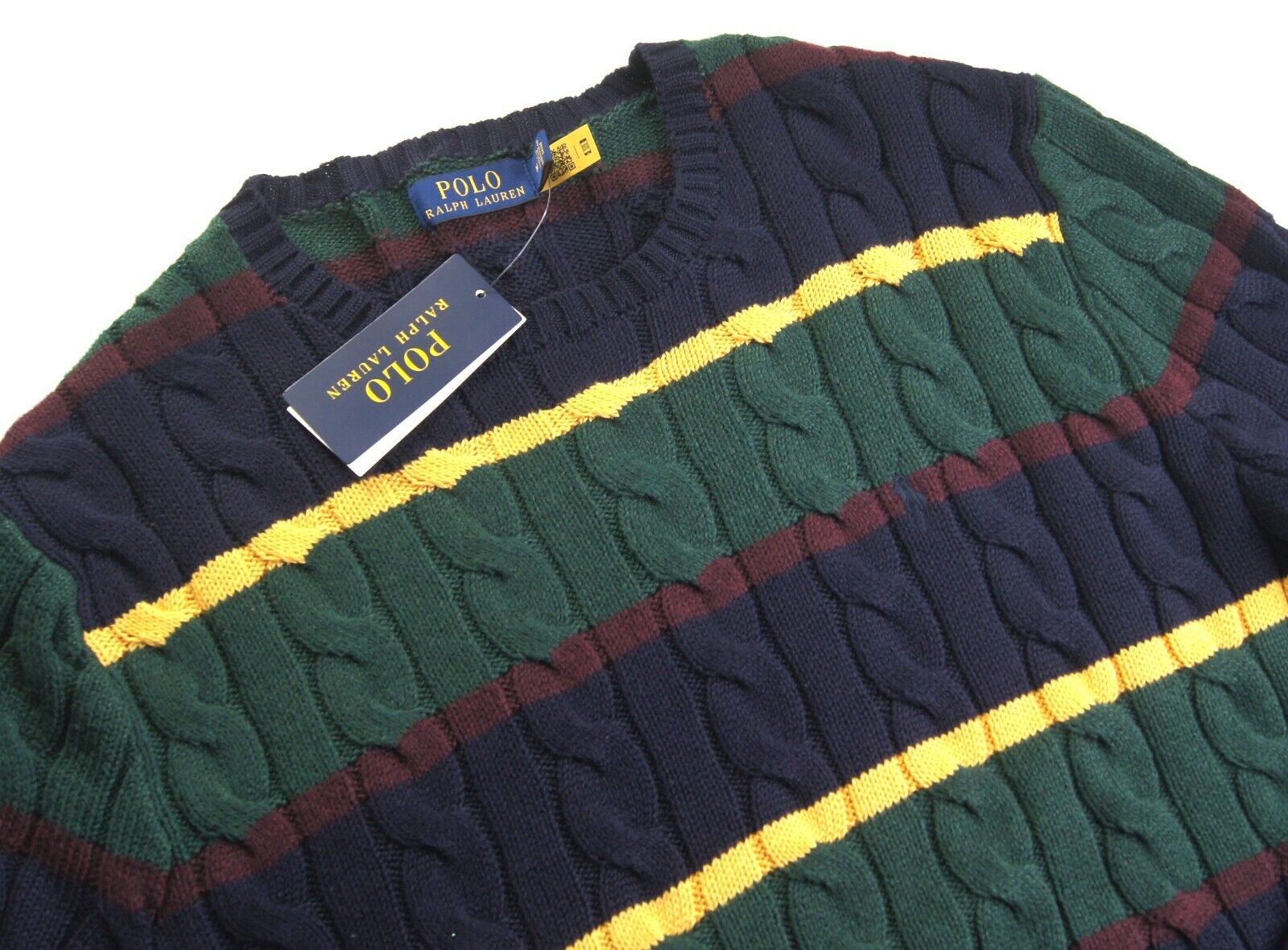 POLO RALPH LAUREN Men's Navy Multi Striped Cable Knit Cotton Pullover  Sweaters