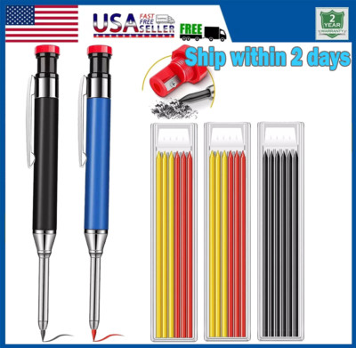 2Pc Long Nose Deep Hole Mechanical Woodworking Carpenter Pencils with 18 Refills