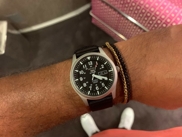 seiko 5 sport automatic black canvas men's watch