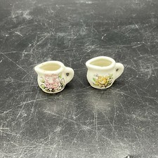 2 Vtg Mini Porcelain Dollhouse Pitchers One Pink Flower One Yellow Flower Japan