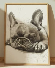 FRENCH BULLDOG SLEEPING DRAWING PRINT SKETCH 8" x 10" DOG WALL ART HOME DECOR
