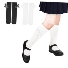 Girls Socks, 2 Pairs Girls Knee High Socks with Bows 4 8-12 Years Black white