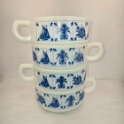 Vintage Hazel Atlas Delft Blue Toile Milk Glass Stacking Soup Mugs set of 4