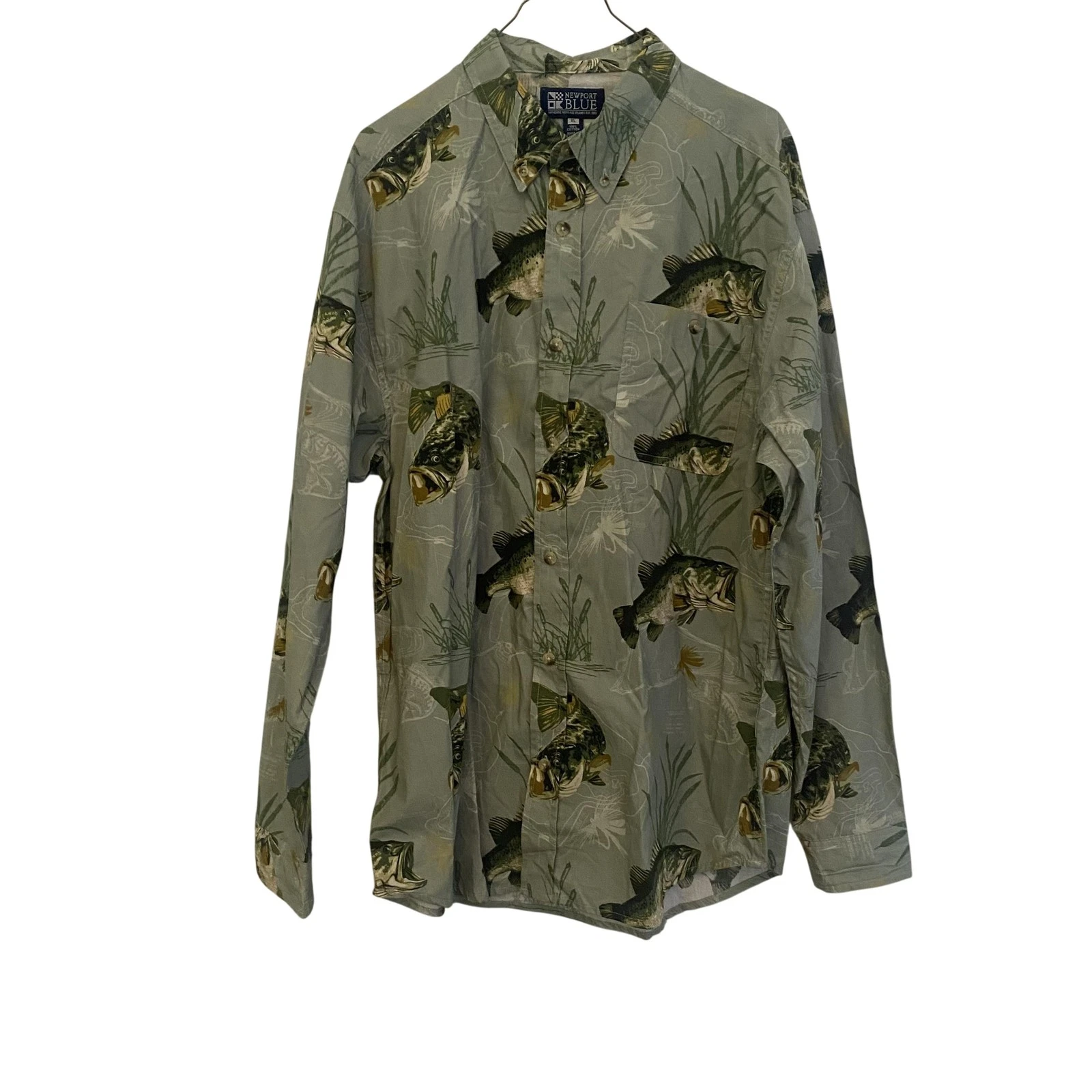 Newport Blue Shirt Mens XL Green Fish Graphic Button Up Cotton Outdoor Fishing