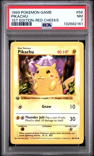 1999 POKEMON GAME 1ST ED-RED CHEEKS #58 PIKACHU PSA 7