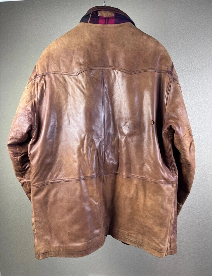 Vintage 90s GANT Leather Jacket Mens L Aviator Coat Y2K Preppy Retro Plaid Lined - Image 3 of 4