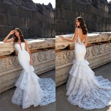 Mermaid Wedding Dress Lace Applique Illusion Backless Bridal Dress Sweep Train