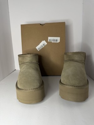 Ugg-like  Ultra Mini Platform Beige Suede Faux Fur Lined Pull On Ankle Boots