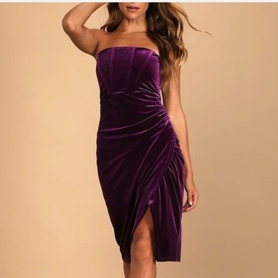 LULUS -Size M- Glamorous Celebrations Dark Purple Velvet Strapless Tulip Dress..