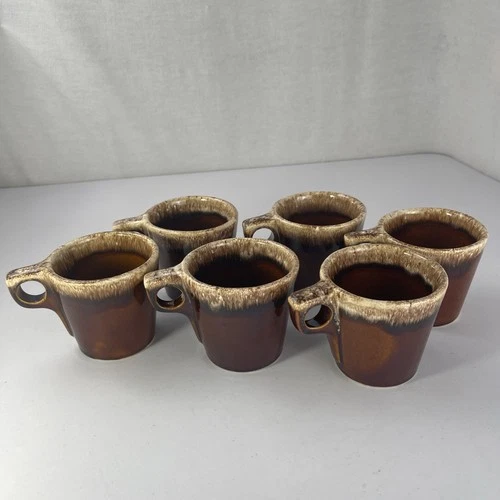 Vintage Hull Pottery Coffee Mugs Cups Oven Proof USA Brown Drip Glaze Set Of 6
