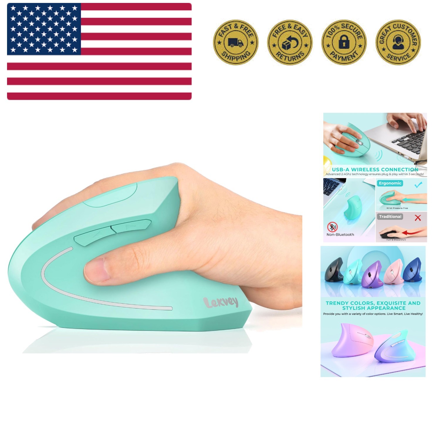 Ergonomic Mouse, Vertical Wireless Mouse Rechargeable 2.4 GHz Optical Carpal ...